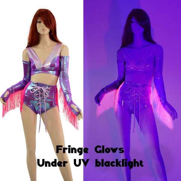 4PC Laceup Fringe Shorts, Fingerless Gloves, and Bralette Set - 2