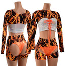 4PC Neon Orange Lightning Shorts, Chaps, Crop Top and Bolero Set - Coquetry Clothing