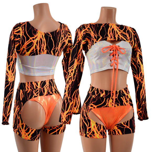 4PC Neon Orange Lightning Shorts, Chaps, Crop Top and Bolero Set - Coquetry Clothing