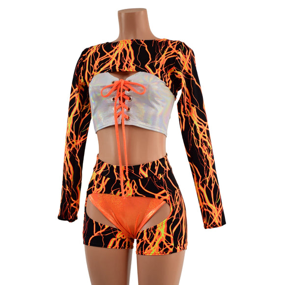 4PC Neon Orange Lightning Shorts, Chaps, Crop Top and Bolero Set - Coquetry Clothing