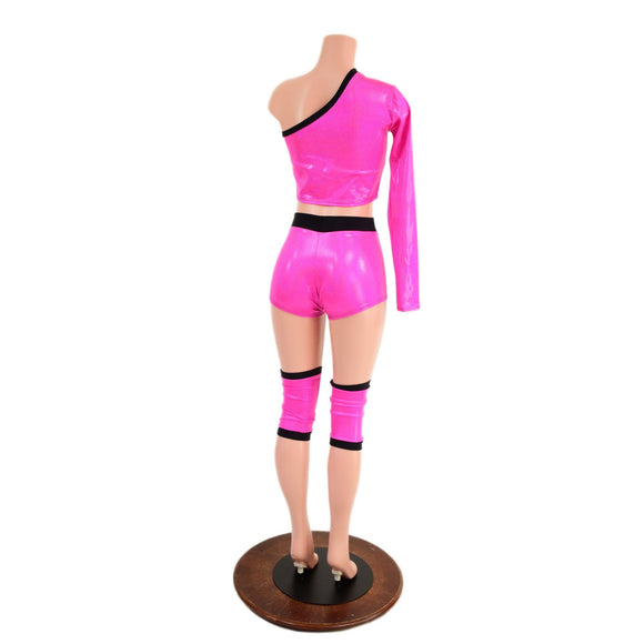 4PC Pink and Black Wrestling Shorts, Crop Top and Knee Pad Covers Set - Coquetry Clothing