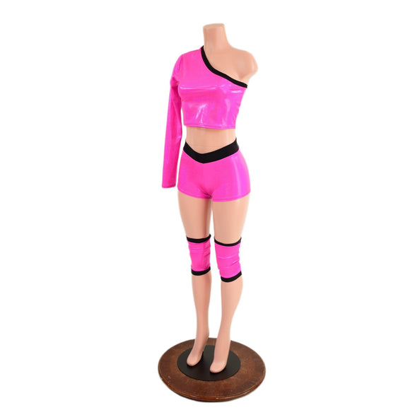 4PC Pink and Black Wrestling Shorts, Crop Top and Knee Pad Covers Set - Coquetry Clothing