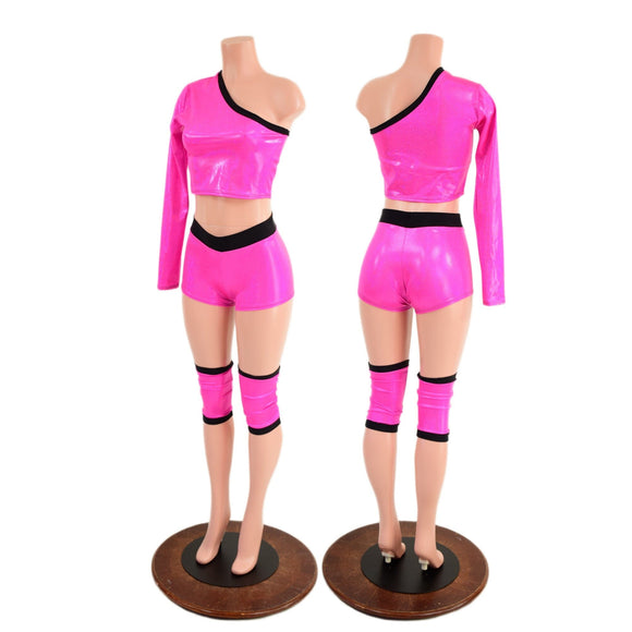 4PC Pink and Black Wrestling Shorts, Crop Top and Knee Pad Covers Set - Coquetry Clothing