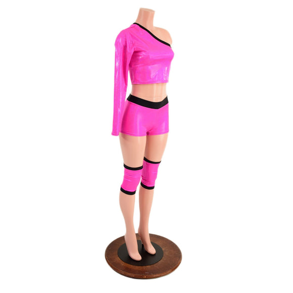 4PC Pink and Black Wrestling Shorts, Crop Top and Knee Pad Covers Set - Coquetry Clothing