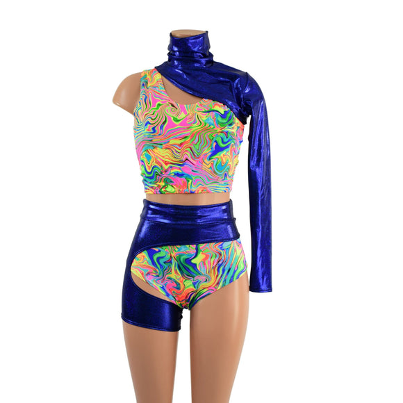 4PC Racerback Crop, Siren Shorts, One Leg Garter, and One Sleeve Snap Back Bolero Set - Coquetry Clothing