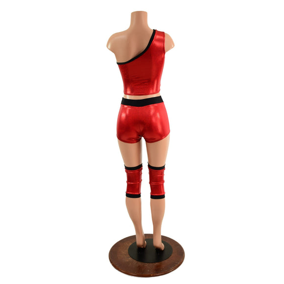 4PC Red and Black Wrestling Shorts, Crop Top and Knee Pad Covers Set - Coquetry Clothing