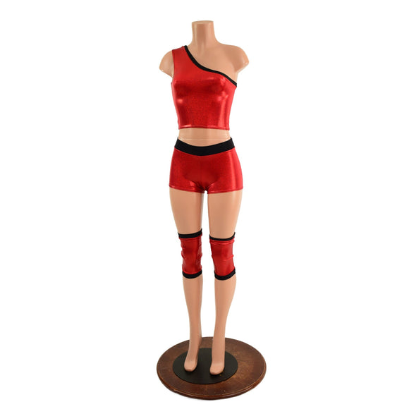 4PC Red and Black Wrestling Shorts, Crop Top and Knee Pad Covers Set - Coquetry Clothing