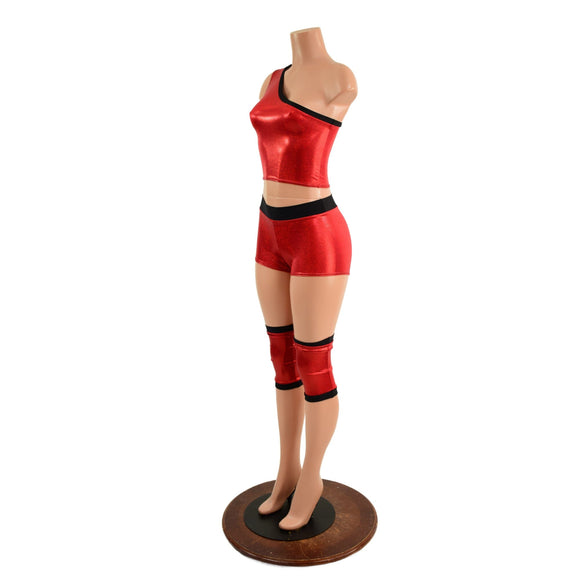 4PC Red and Black Wrestling Shorts, Crop Top and Knee Pad Covers Set - Coquetry Clothing