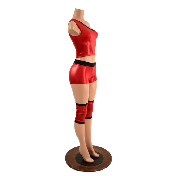 4PC Red and Black Wrestling Shorts, Crop Top and Knee Pad Covers Set - Coquetry Clothing