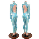 Seafoam Backless Catsuit with Sharp Shoulder Sleeves - Coquetry Clothing