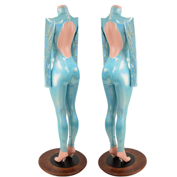 Seafoam Backless Catsuit with Sharp Shoulder Sleeves - Coquetry Clothing