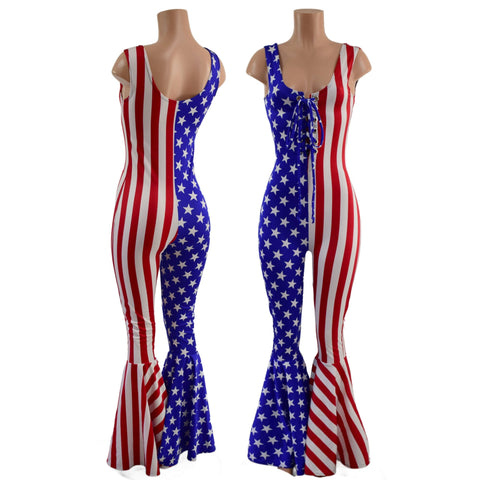 Patriotic Catsuit with Bell Bottoms and Laceup Neckline - Coquetry Clothing