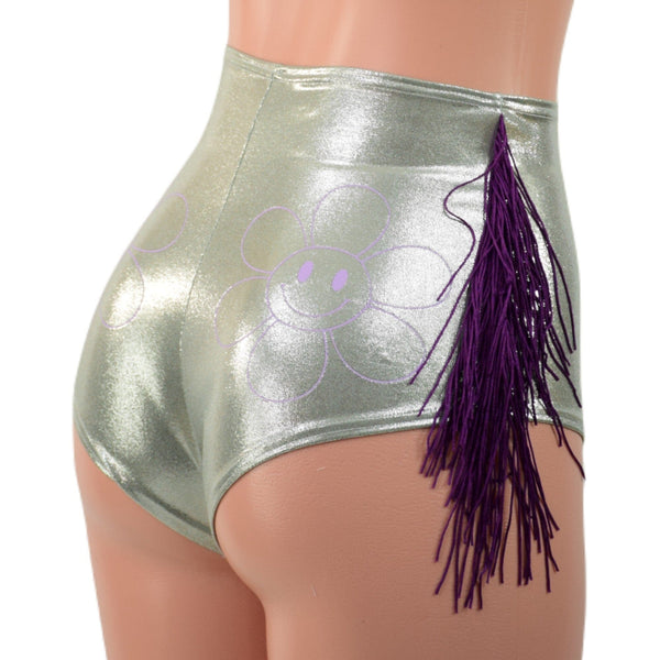 Ready to Ship Platinum High Waist Siren Shorts with Fringe and Happy Daisy Vinyl Small - 1