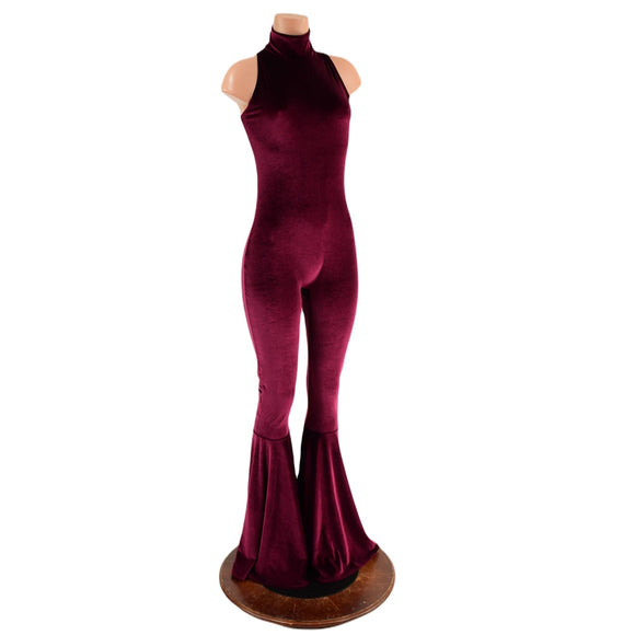 Backless, Bell Bottom Burgundy Velvet Catsuit with Snap Back Turtleneck - Coquetry Clothing