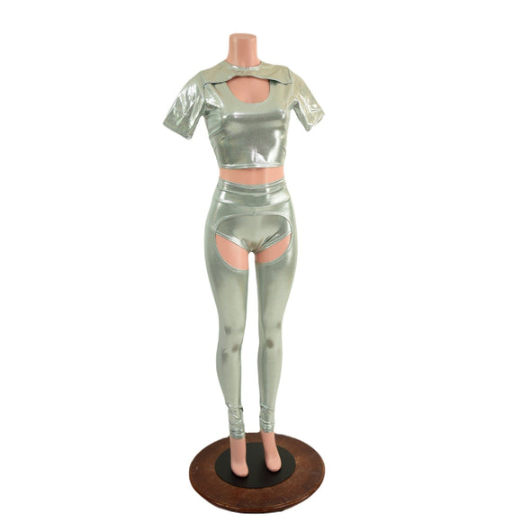 3PC Nirvana Top, Siren Shorts, and Midrise Chaps Set in Platinum - Coquetry Clothing