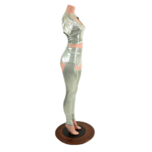 3PC Nirvana Top, Siren Shorts, and Midrise Chaps Set in Platinum - Coquetry Clothing