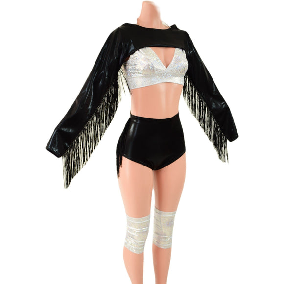 5PC Bolero Fringe Set with Siren Shorts, Starlette Bralette, and Kneepad Covers - Coquetry Clothing