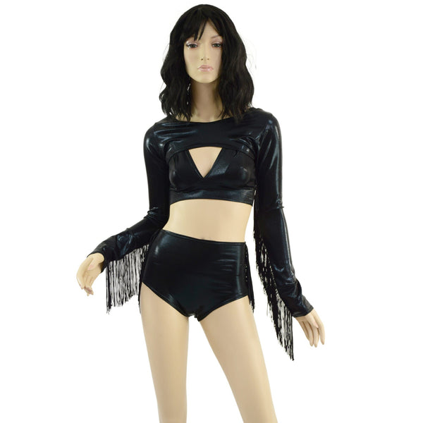 3PC Black Bolero, shorts, and bralette set with fringe - 2