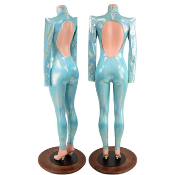 Seafoam Backless Catsuit with Sharp Shoulder Sleeves - Coquetry Clothing