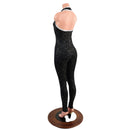 Ready to Ship Star Noir Backless V Neck Catsuit with Silver on White Shattered Glass Trim XS - Coquetry Clothing