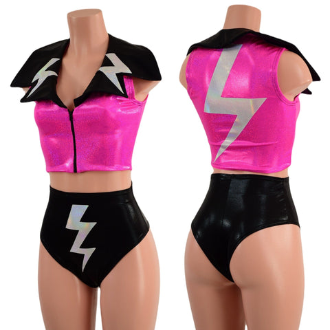 Zippered Crop Vest with Bolts and Showtime Collar and Brazilian Shorts Set - Coquetry Clothing