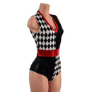 Black and White Quad Color Blocked Romper with Red Sparkly Jewel Trim - Coquetry Clothing