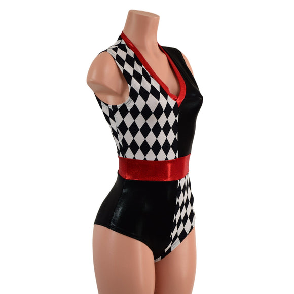 Black and White Quad Color Blocked Romper with Red Sparkly Jewel Trim - Coquetry Clothing
