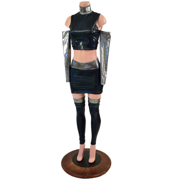 6PC Black Holographic Crop Top & Skirt Set with Silver Holo Trim and Arm & Leg Warmers - Coquetry Clothing