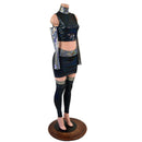 6PC Black Holographic Crop Top & Skirt Set with Silver Holo Trim and Arm & Leg Warmers - Coquetry Clothing