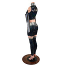 6PC Black Holographic Crop Top & Skirt Set with Silver Holo Trim and Arm & Leg Warmers - Coquetry Clothing