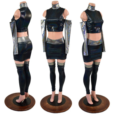 6PC Black Holographic Crop Top & Skirt Set with Silver Holo Trim and Arm & Leg Warmers - Coquetry Clothing