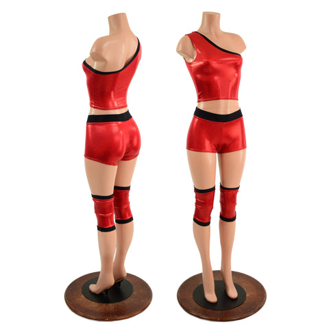 4PC Red and Black Wrestling Shorts, Crop Top and Knee Pad Covers Set - Coquetry Clothing