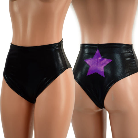 Black Mystique Brazilian Cut Siren Shorts with Grape Holo Star Applique - Coquetry Clothing