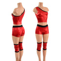 4PC Red and Black Wrestling Shorts, Crop Top and Knee Pad Covers Set - 3