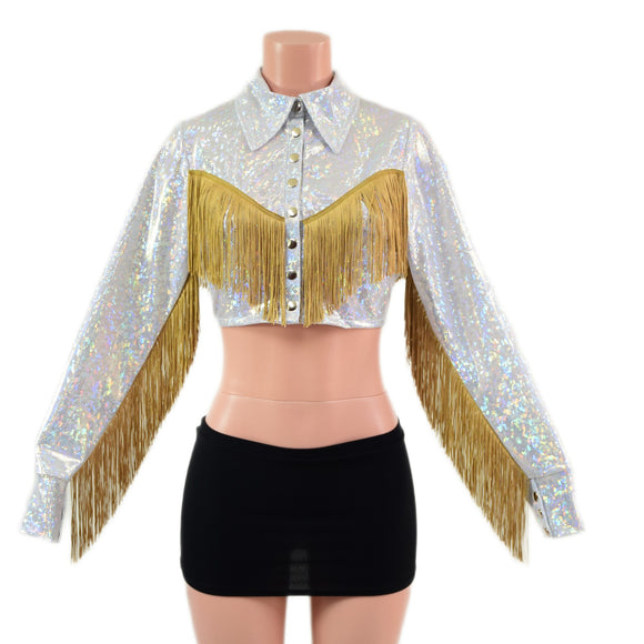 Rodeo Style Crop Top with Collar, Cuffs, Yoke Fringe and Snaps