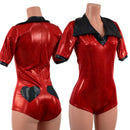 Red Sparkly Romper with Banded Tee Sleeves, Disco Collar, and Heart Applique-1