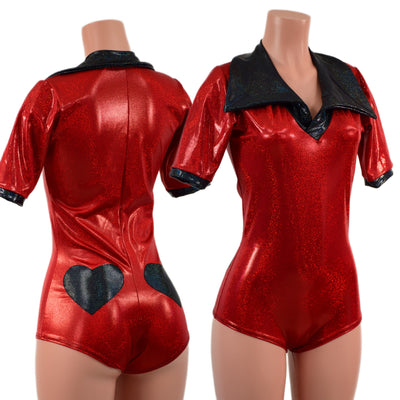 Red Sparkly Romper with Banded Tee Sleeves, Disco Collar, and Heart Applique