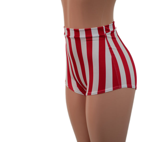 High Waist Pinup Shorts with Boy Cut Leg in Vertical Red and White Stripe