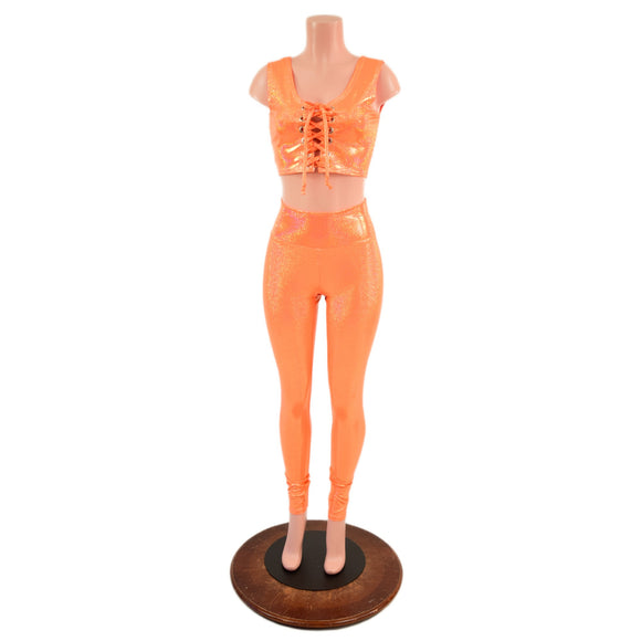 Mini Lace UP Front Crop Tank and High Waist Leggings Set in Orange Sparkly Jewel