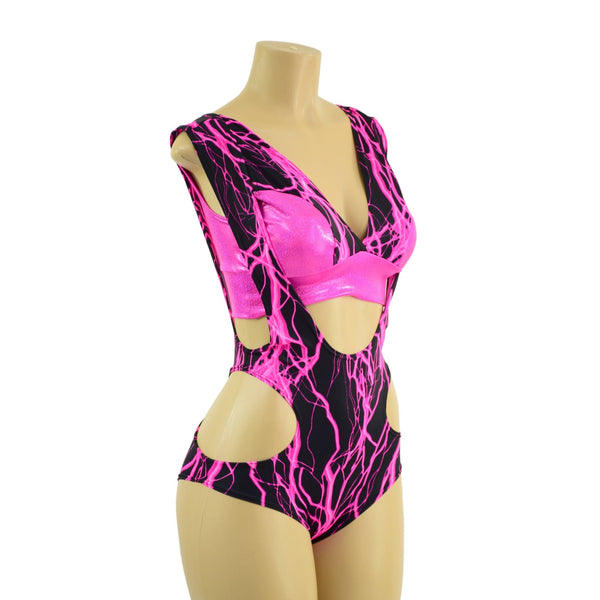 Neon Pink Lightning Hipnotic Suspender Romper and Starlette Bralette Set - 5