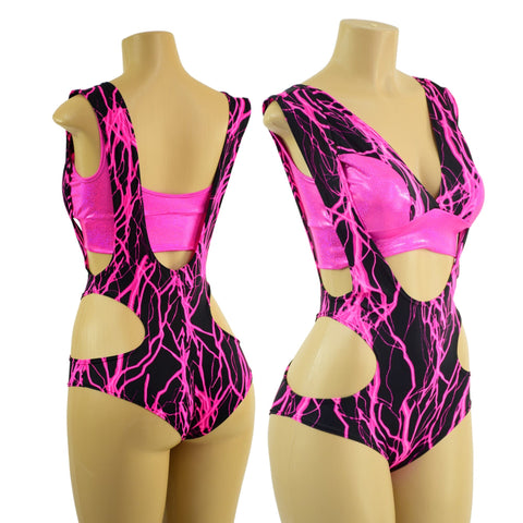 Neon Pink Lightning Hipnotic Suspender Romper and Starlette Bralette Set - Coquetry Clothing