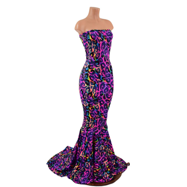 Rainbow Leopard Strapless Gown with Puddle Train - 3