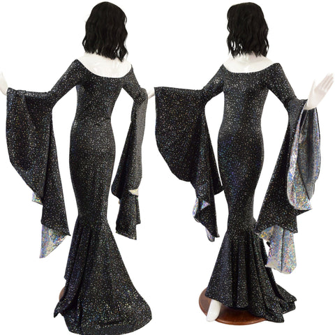 Off Shoulder Star Noir Sorceress Sleeve Gown with Scoop Neck and Silver Kaleidoscope Sleeve Linings - Coquetry Clothing