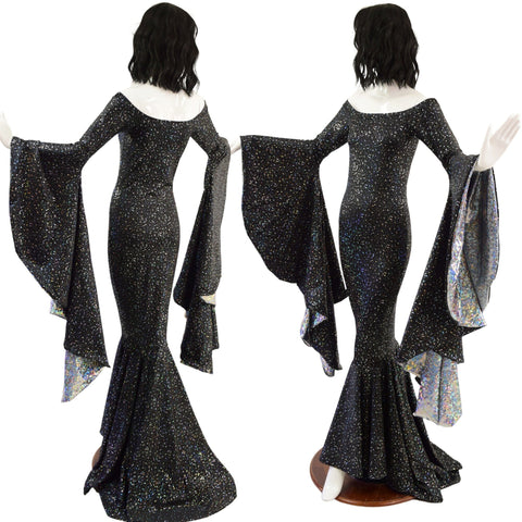 Ready to Ship Off Shoulder Star Noir Sorceress Sleeve Gown with Scoop Neck and Silver Kaleidoscope Sleeve Linings XXS - Coquetry Clothing