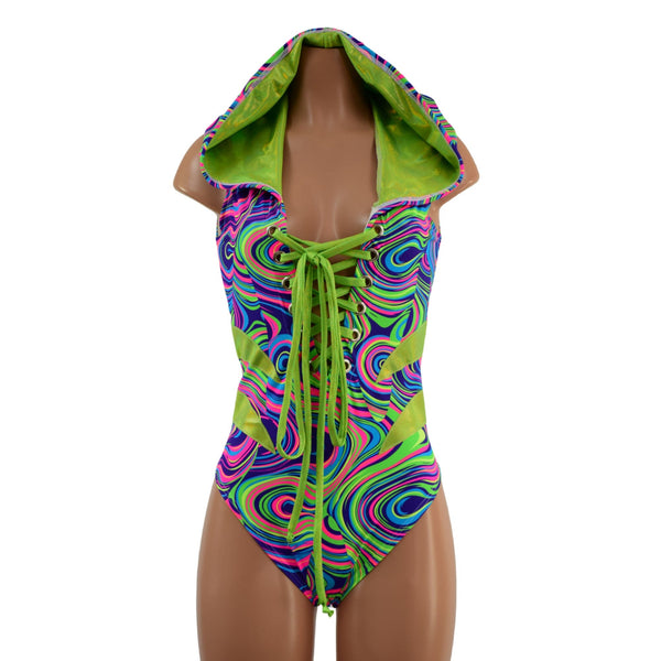Laceup Romper with Plunging V neckline, Hood, and Hip Arcs - 2