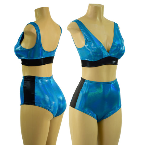 Peacock Blue Holographic and Black Mystique Siren & Starlette Set - Coquetry Clothing