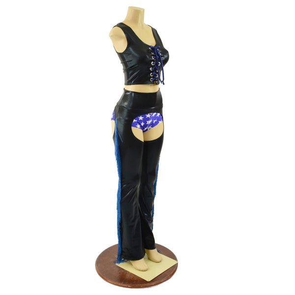 3PC Black and Blue Fringe Chaps, Siren Shorts, and Laceup Crop Tank Set - 3