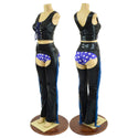 3PC Black and Blue Fringe Chaps, Siren Shorts, and Laceup Crop Tank Set - 1