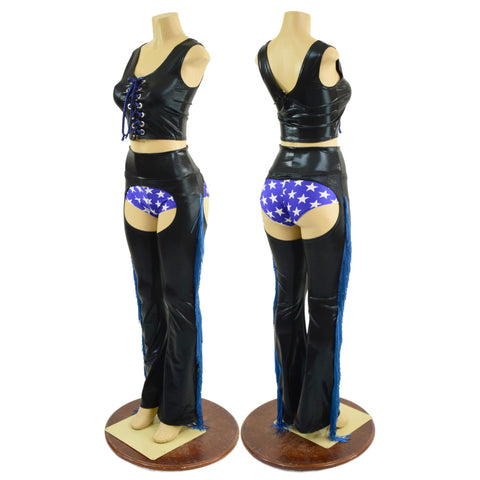 3PC Black and Blue Fringe Chaps, Siren Shorts, and Laceup Crop Tank Set - Coquetry Clothing