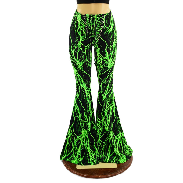 Front Lace Up High Waist Solar Flares in Neon Green Lightning - 2